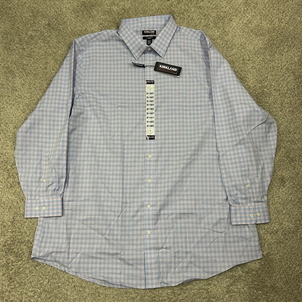Kirkland Dress Shirt Mens 20 36/37 Tailored Fit Blue Pink Long Sleeve New - Picture 2 of 9